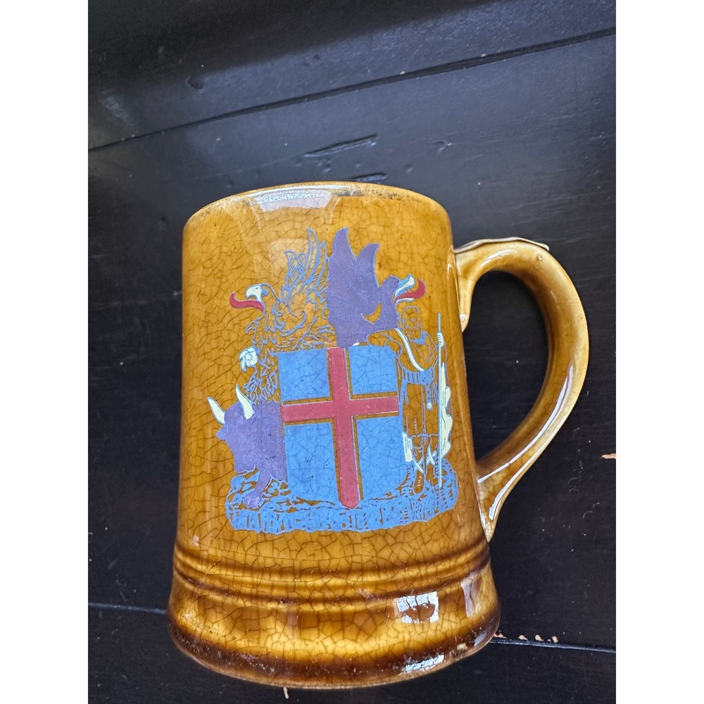 Vintage Iceland Coat of Arms Ceramic Mug Tankard Stein Amber Crackle Glaze